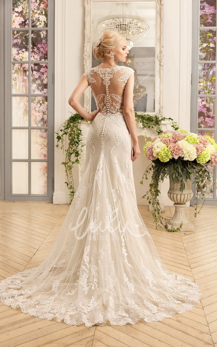 Lace Illusion Cap-Sleeve Sheath Wedding Dress with Appliques