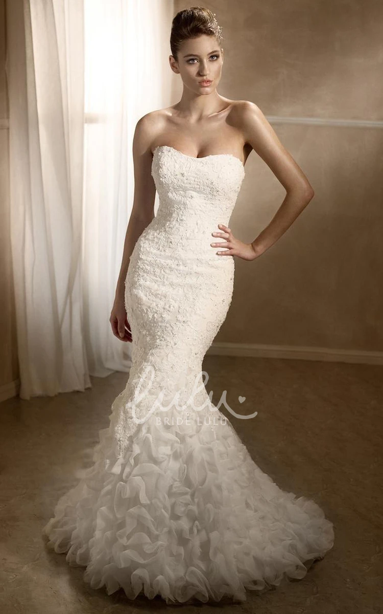 Beaded Lace Strapless Mermaid Wedding Dress with Ruffles and Lace-Up