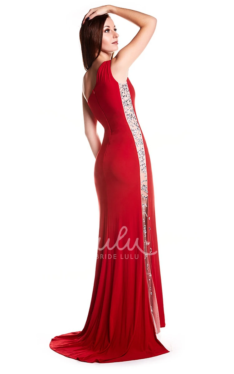 Sheath One-Shoulder Sleeveless Beaded Jersey Prom Dress with Low-V Back Unique Prom Dress