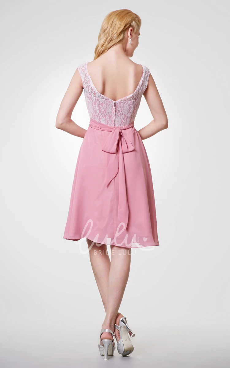 Lace Cap-sleeved A-line Short Bridesmaid Dress with Chiffon Skirt