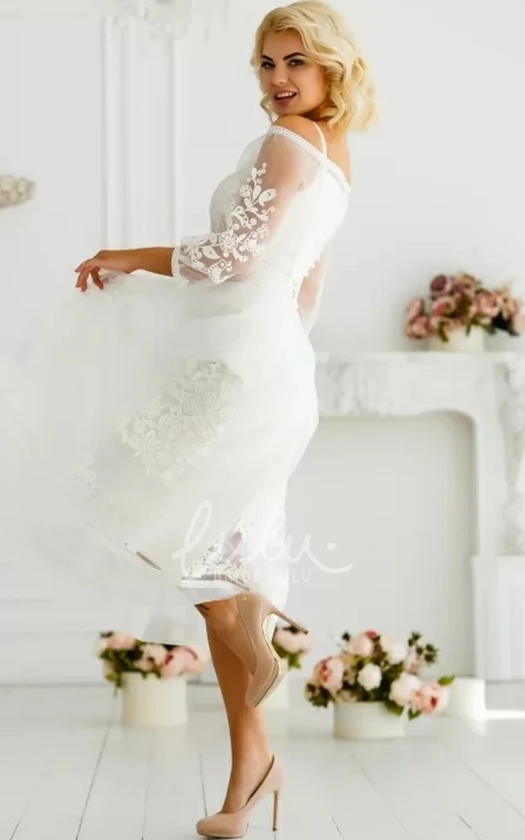 Ethereal A Line Tulle Tea-length Wedding Dress with Off-the-shoulder Sleeves & Appliques
