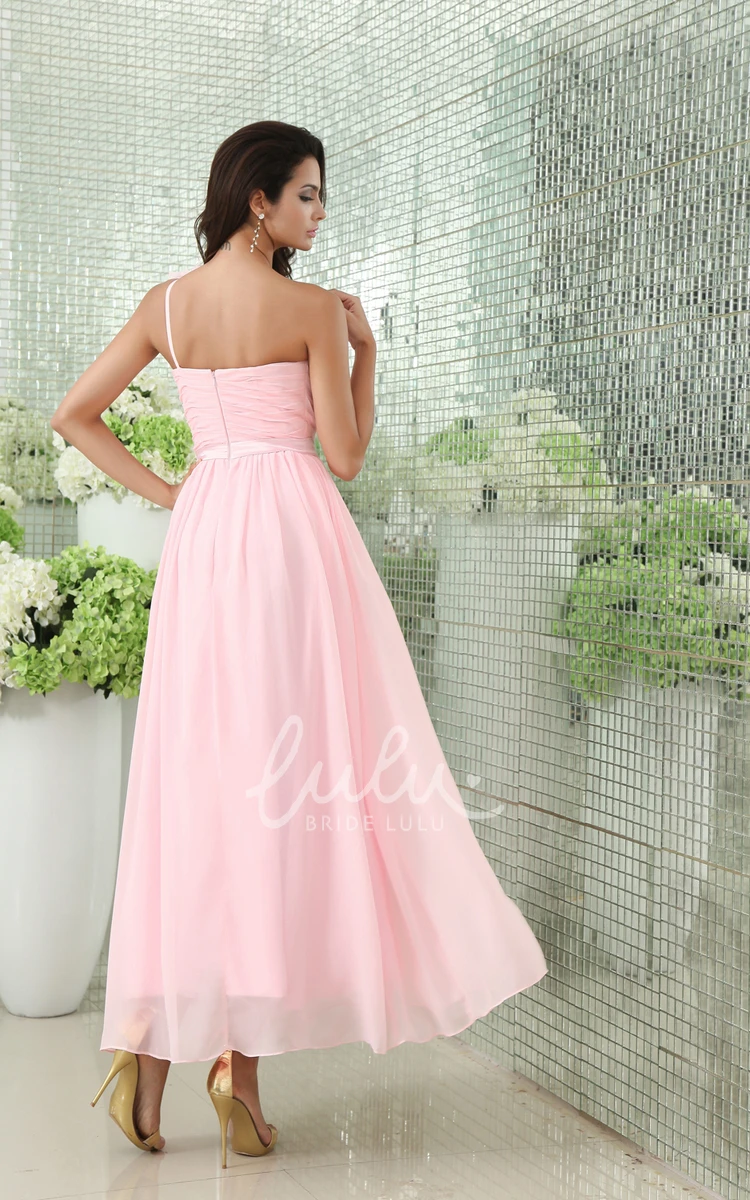 Empire Ankle-Length Dress with Floral Strap and Crisscross Ruching Modern Women's Bridesmaid Dress