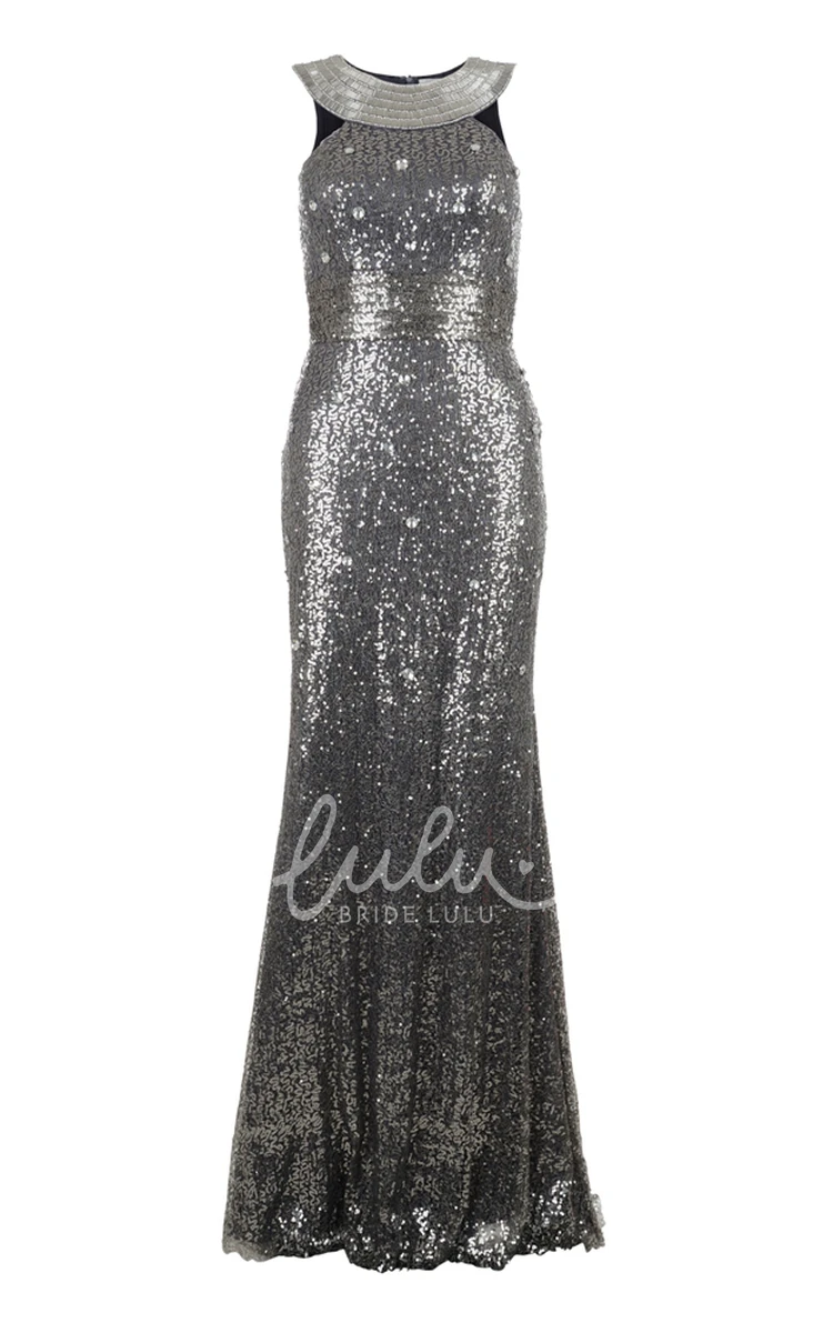 Sequins Sleeveless Sheath Prom Dress with Scoop-Neck and Floor-Length