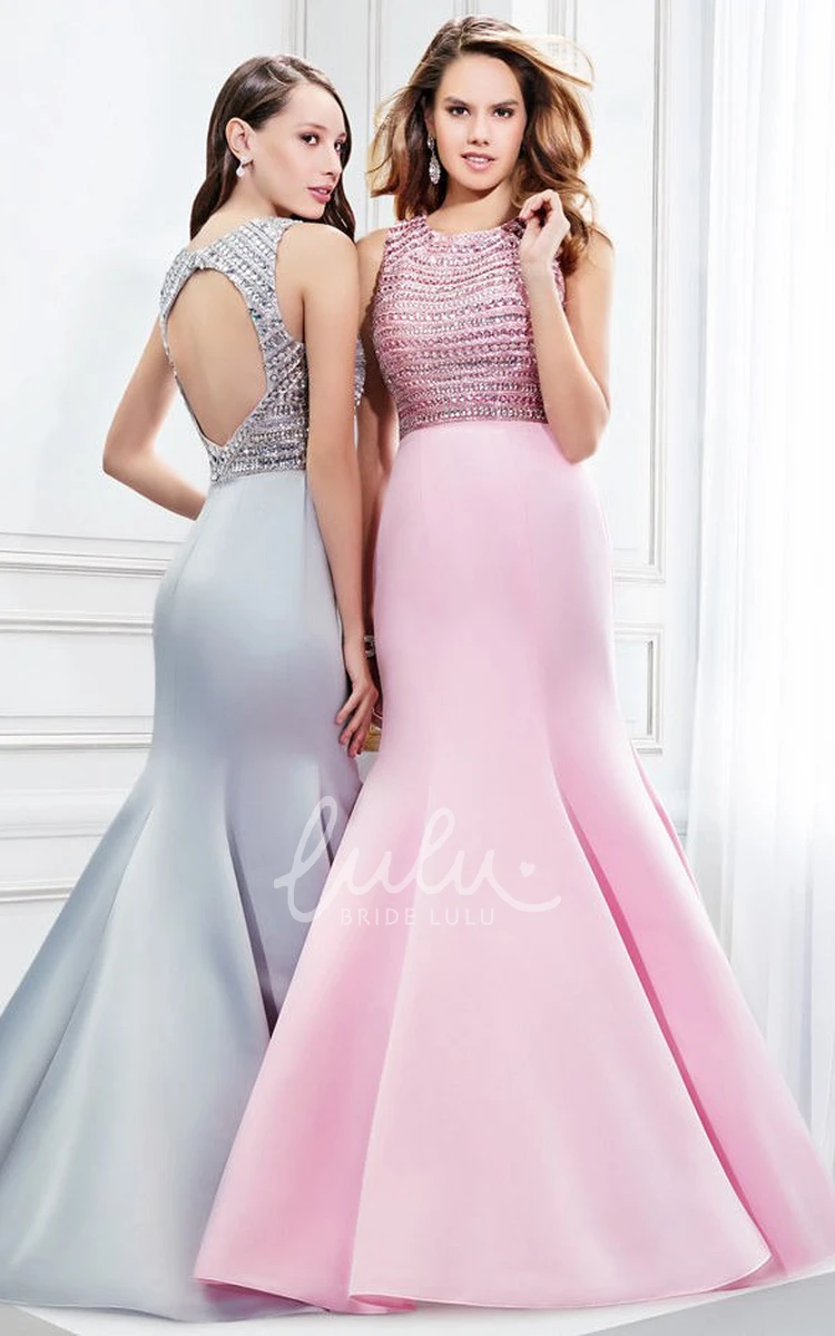 Scoop Neck Beaded Satin Mermaid Prom Dress Sleeveless with Keyhole