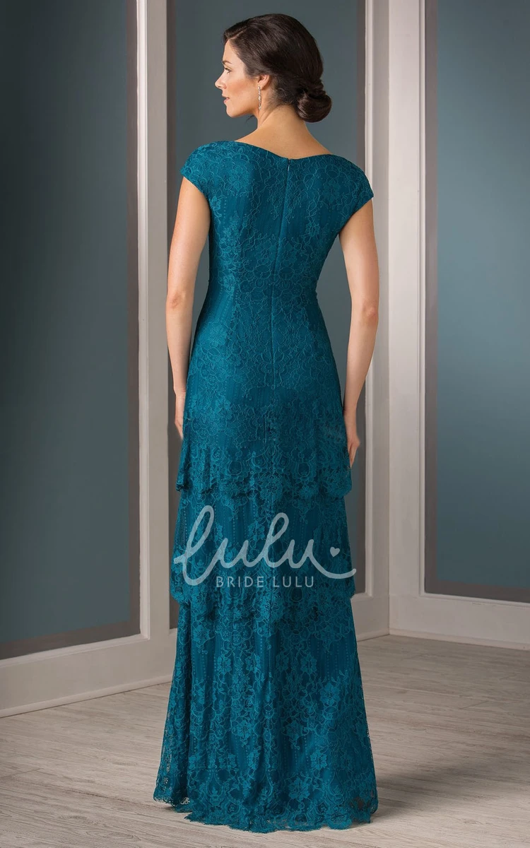 Tiered Lace Cap-Sleeved V-Neck Mother Of The Bride Dress Unique Formal Dress