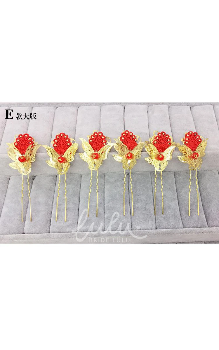 Chinese Cheongsam Wedding Hair Accessories Set with Red Hairpin U-Shaped Clip and Plate