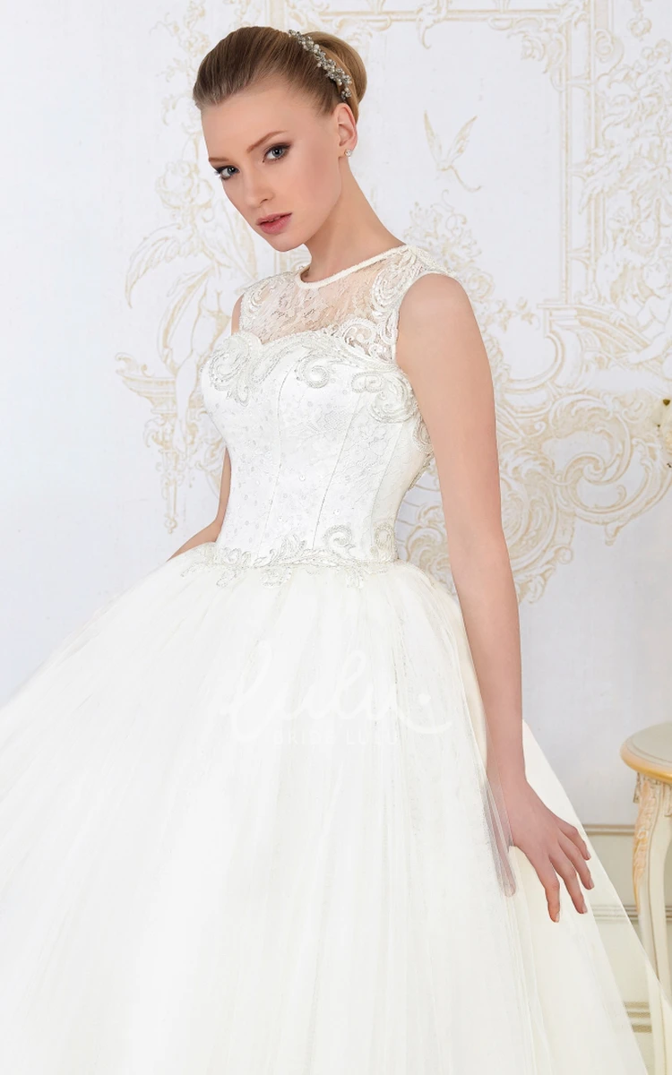 Beaded Scoop-Neck Tulle Ball Gown Wedding Dress Sleeveless and Floor-Length