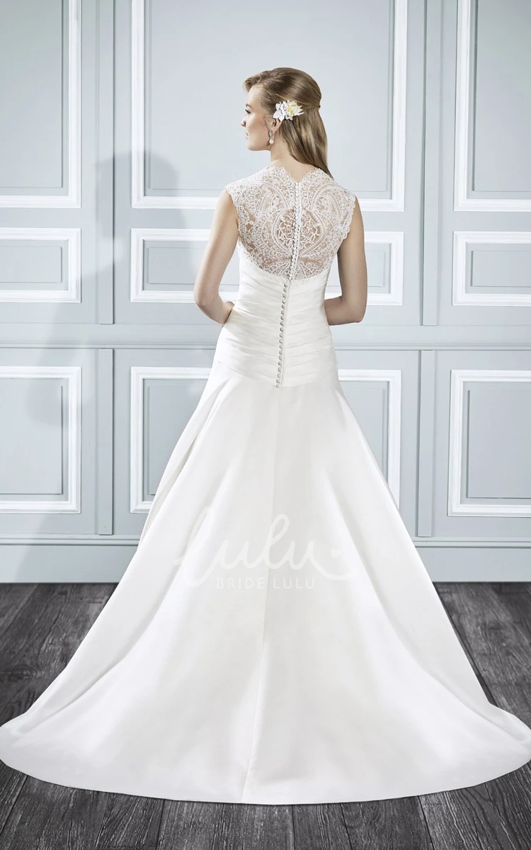 Queen-Anne Floor-Length Satin Wedding Dress with Illusion Back A-Line Style