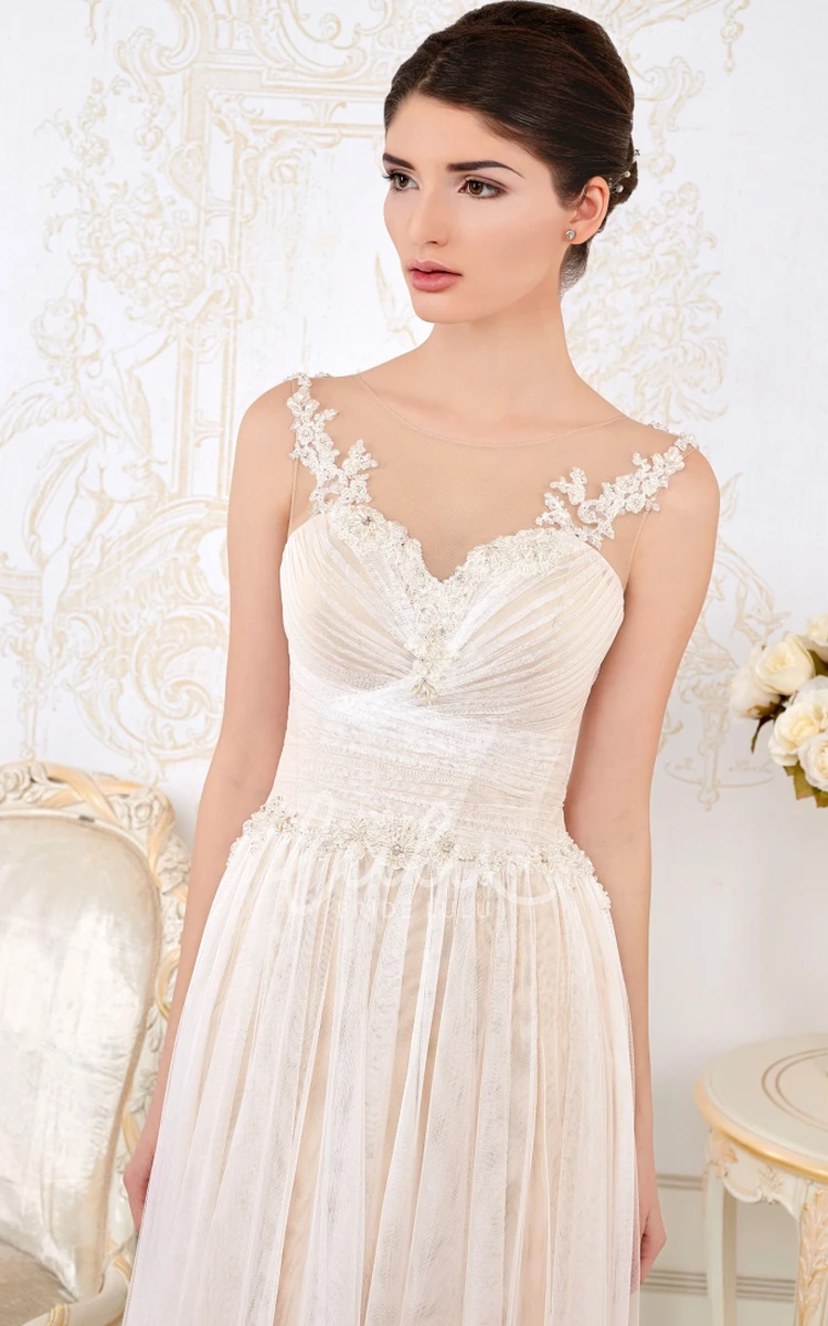 Elegant V-Neck Appliqued Tulle Wedding Dress with Ruched A-Line Silhouette