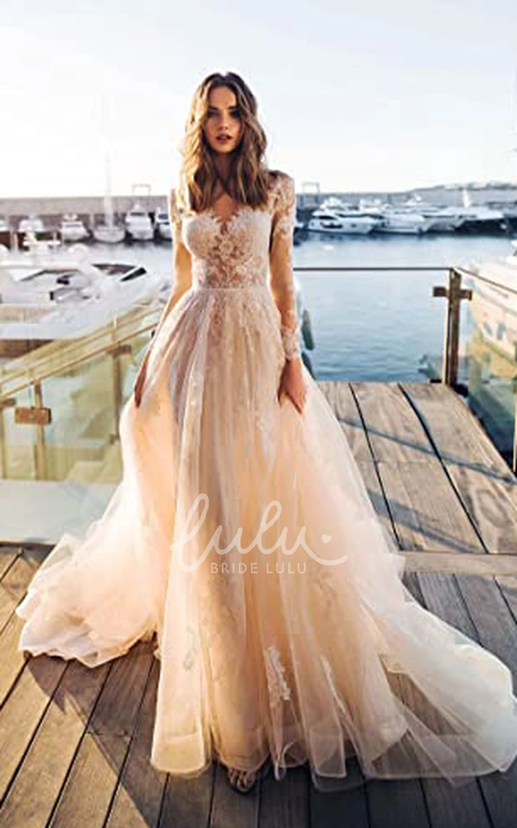 A-Line Lace Wedding Dress with Illusion Sleeves Romantic Wedding Dress for Garden Weddings