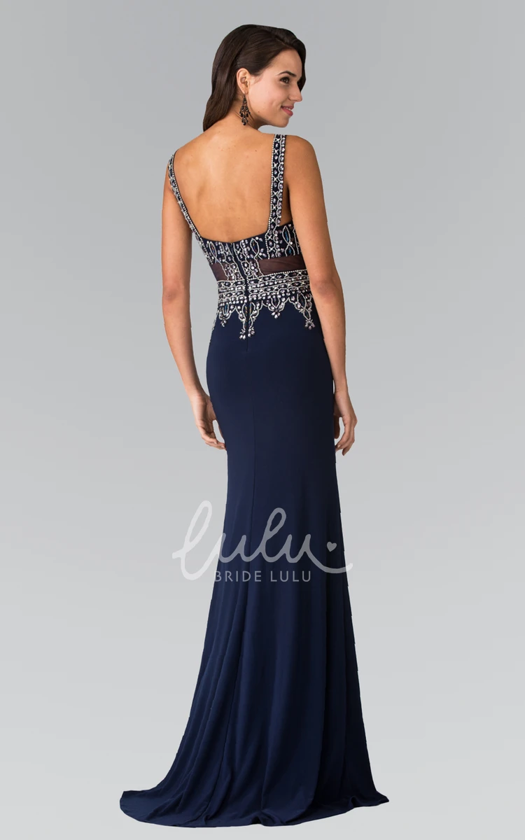 V-Neck Sleeveless Jersey Formal Dress with Beading Sheath Floor-Length