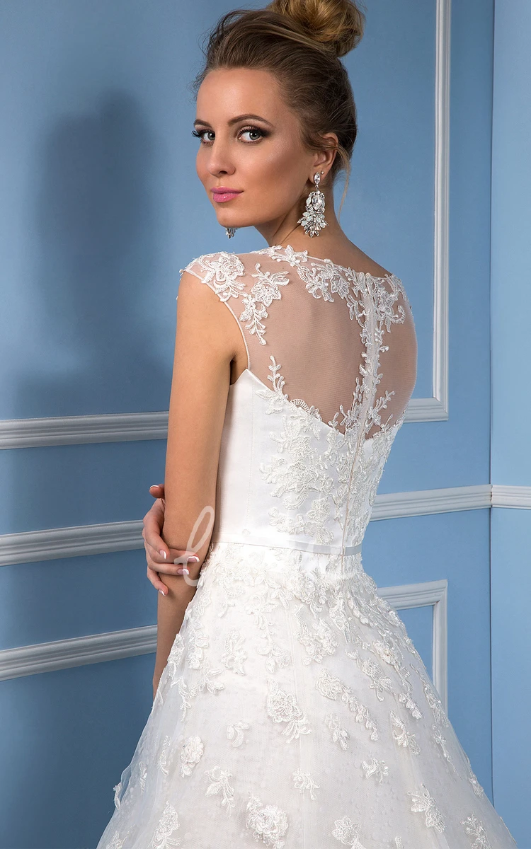 Appliqued Tulle Wedding Dress with Illusion Back Ball Gown Style