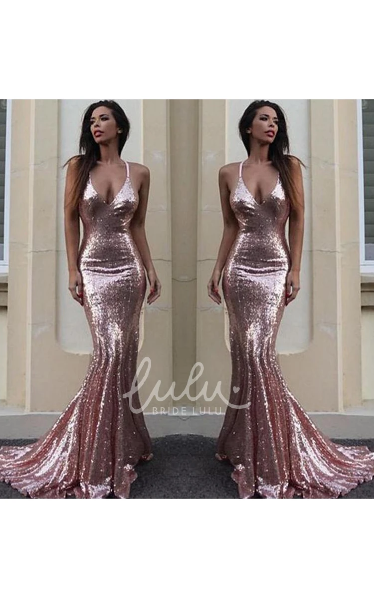 Sequin Mermaid Formal Dress with Sweep Train and Spaghetti Straps