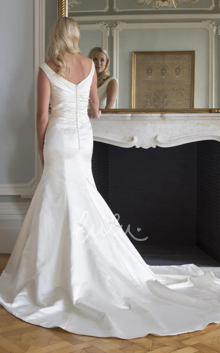 Satin Sheath Wedding Dress with Side Draping and V-Back Modern Bridal Gown