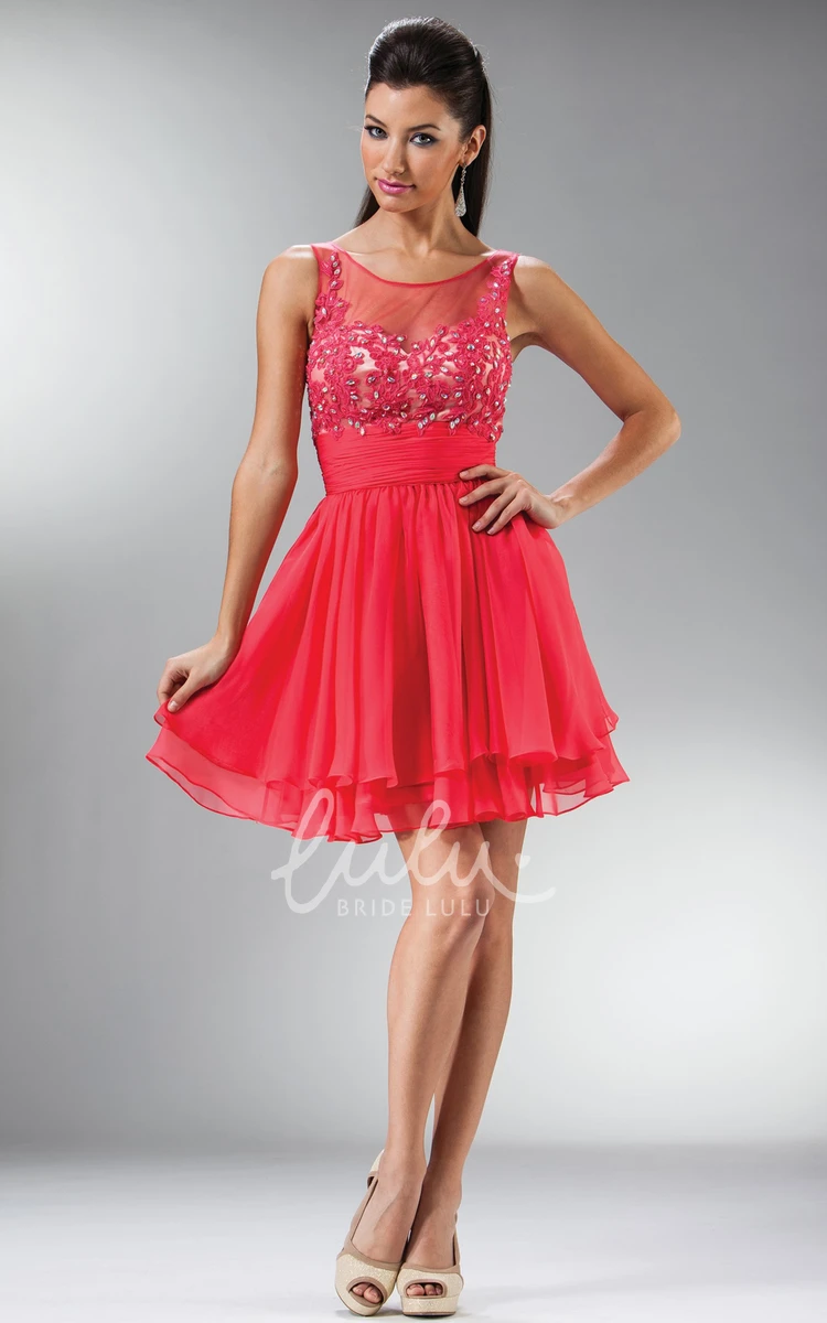 Bateau Chiffon A-Line Short Dress with Appliques and Tiers Formal Dress