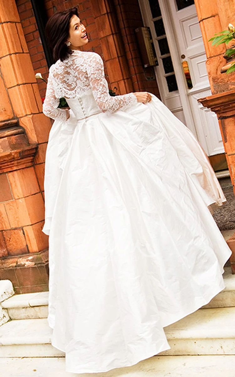 Illusion Long-Sleeve Taffeta Wedding Dress with Lace A-Line Bridal Gown