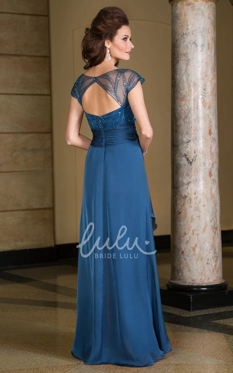 Ruffled V-Neck Mother of the Bride Dress with Cap Sleeves Flowy Formal Dress