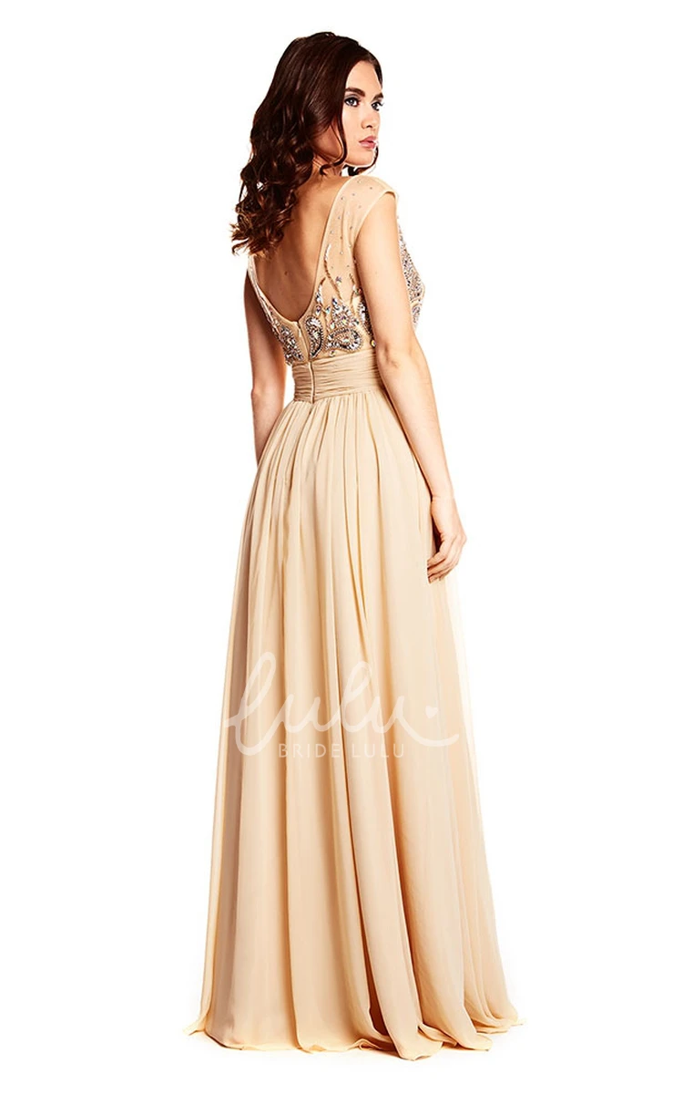 V-Back Chiffon Cap Sleeve Prom Dress Stunning Scoop Neck with Beaded Details