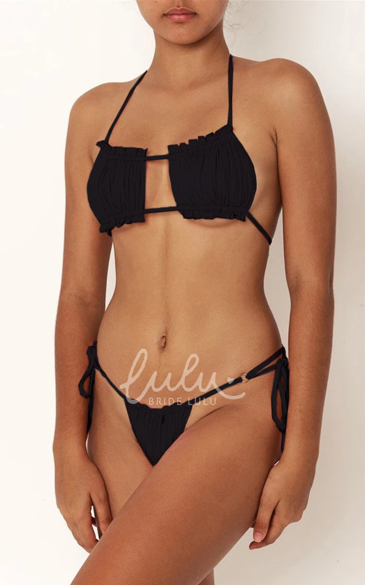 Plain Halter Tie Side Ruched Bikini Set