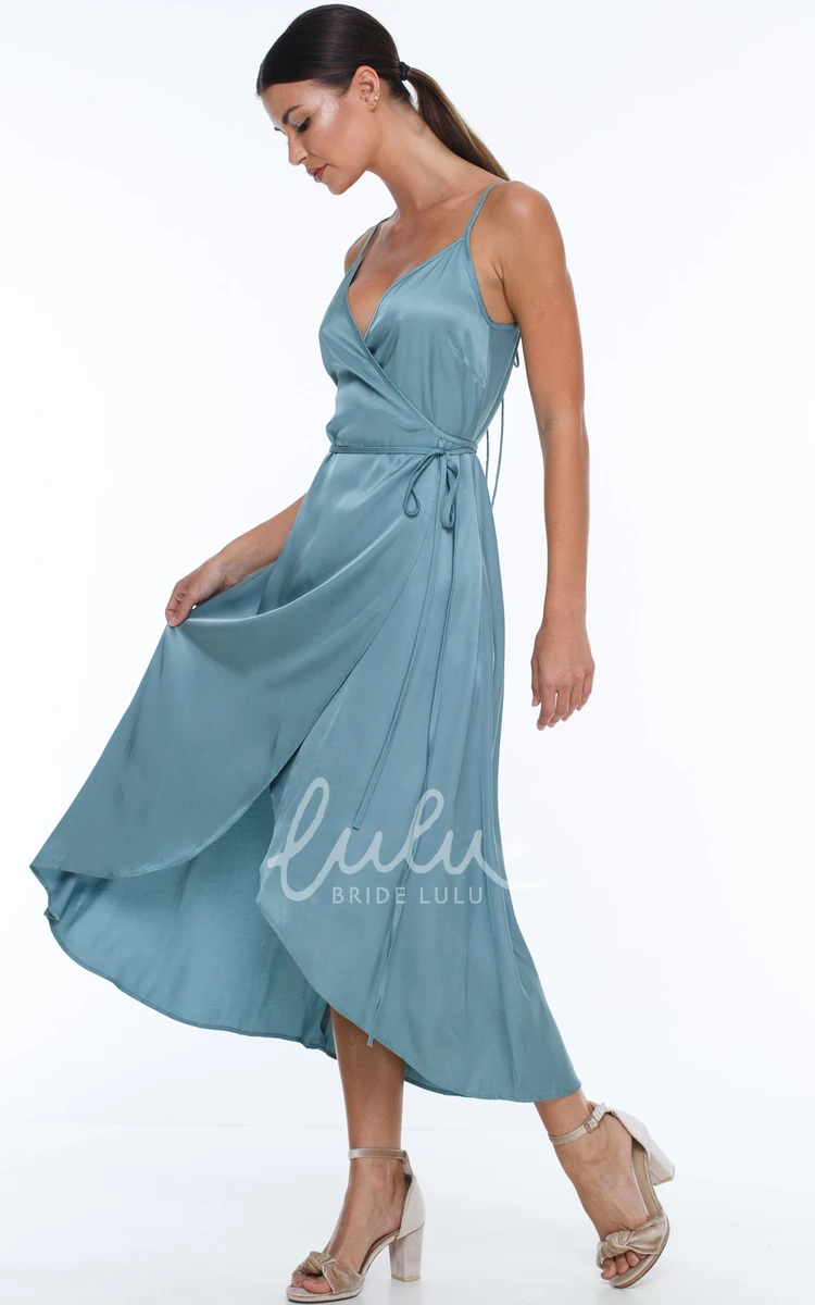 Split Front A-Line Charmeuse Bridesmaid Dress with Spaghetti Straps and Sash Informal Dress