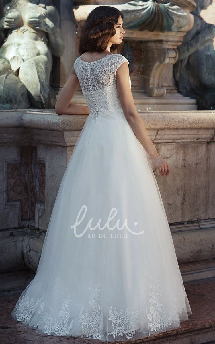 Cap-Sleeve Tulle A-Line Wedding Dress with Appliques Modern Bridal Gown