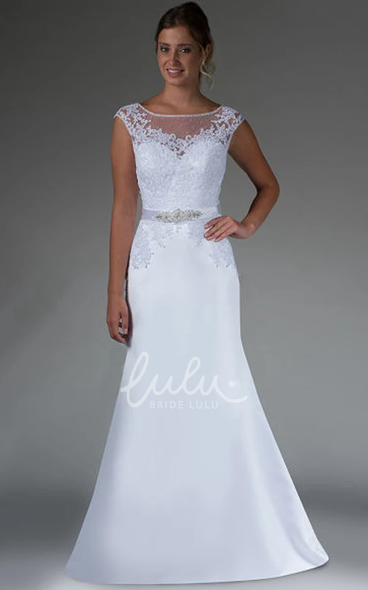 Satin Sheath Wedding Dress with Beading Sash and Removable Lace Cap-Sleeve Top