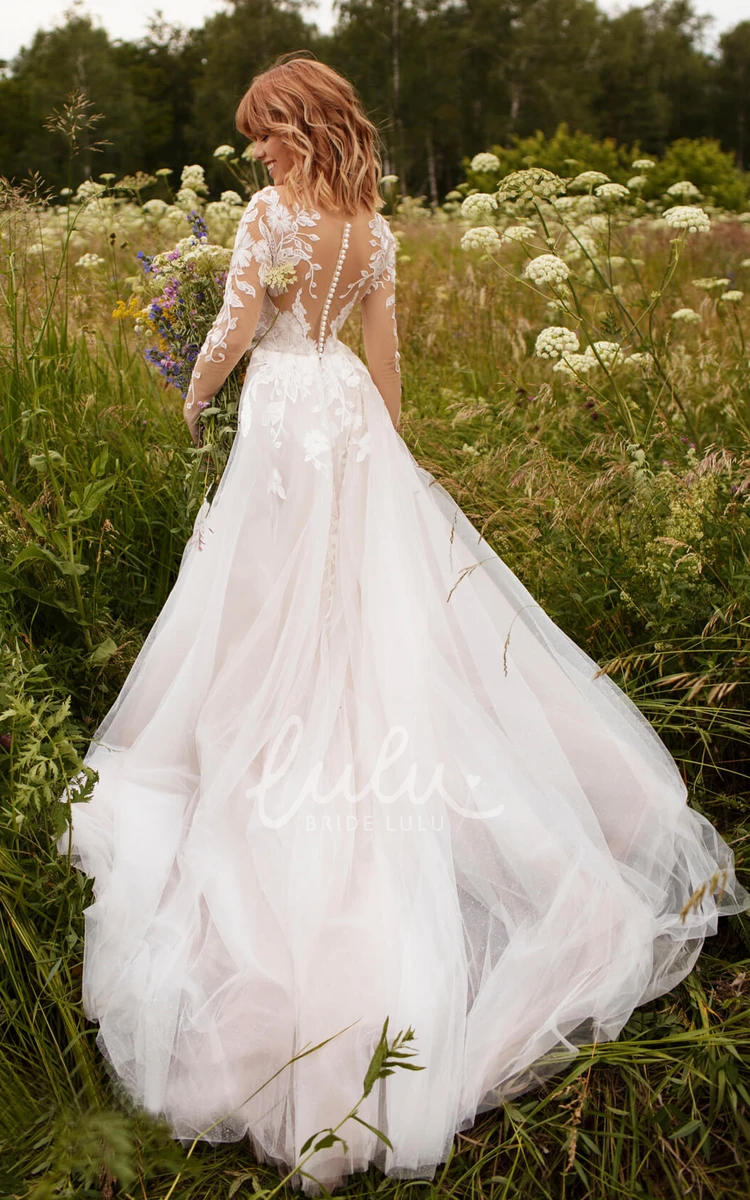 Adorable Lace Details Tulle Wedding Dress with Illusion Sleeve and Button Back + Modern Bridal Gown