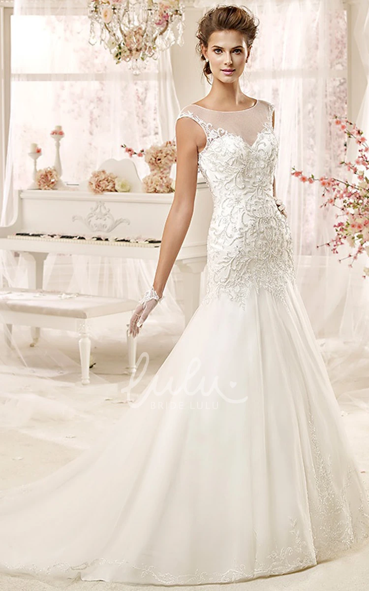 Illusion Wedding Gown with Beaded Appliques and Open Back Unique Wedding Dress