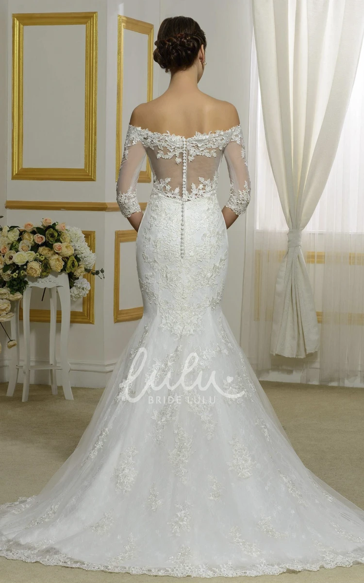 Illusion Off-the-Shoulder Lace Mermaid Wedding Dress with Button Back and 3/4 Sleeves