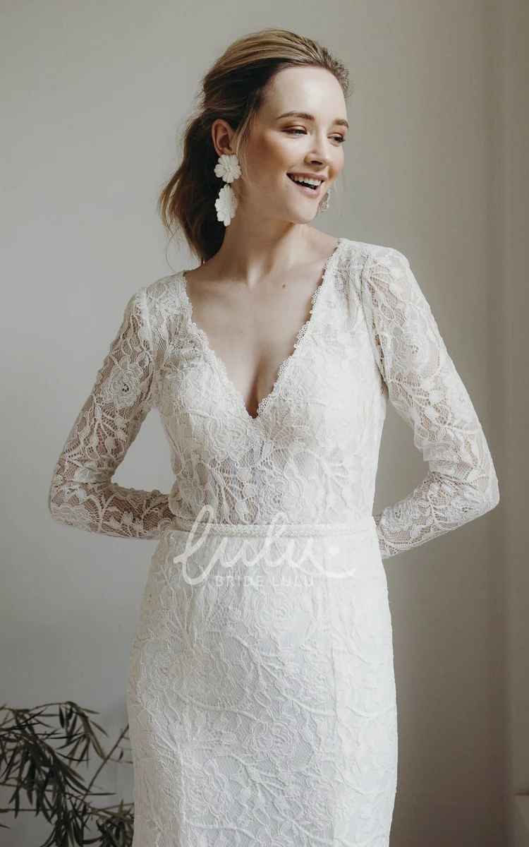 Sexy Sheath Lace Wedding Dress with Plunging V-neck Long Sleeves and Keyhole Back