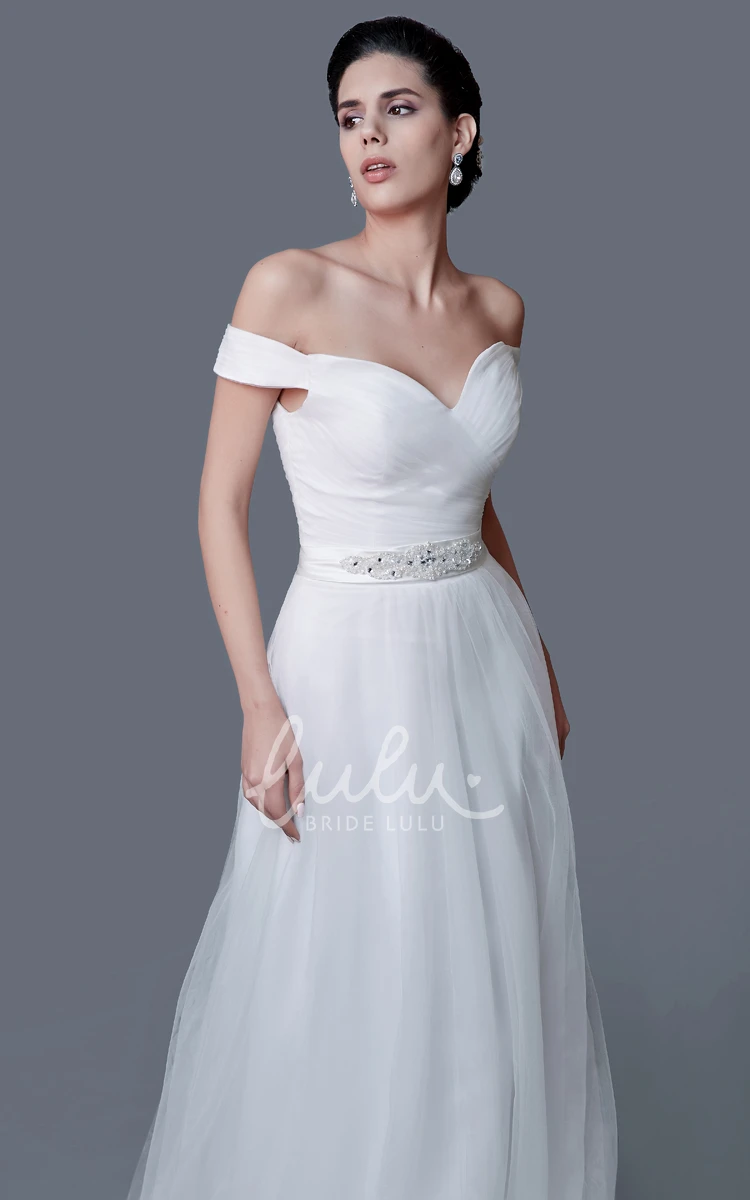 A-line Tulle Wedding Dress with Off-the-shoulder Neckline and Elegant Style