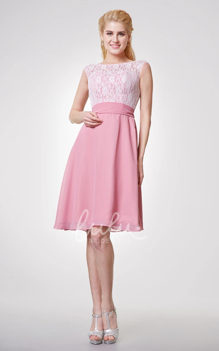 Lace Cap-sleeved A-line Short Bridesmaid Dress with Chiffon Skirt