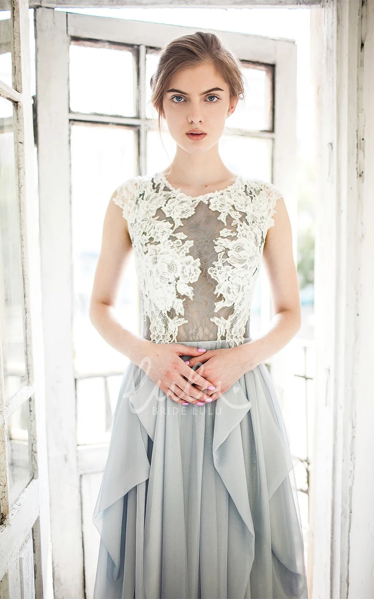 A-Line Chiffon Draped Dress with Lace Applique Top Sleeveless Jewel Neckline