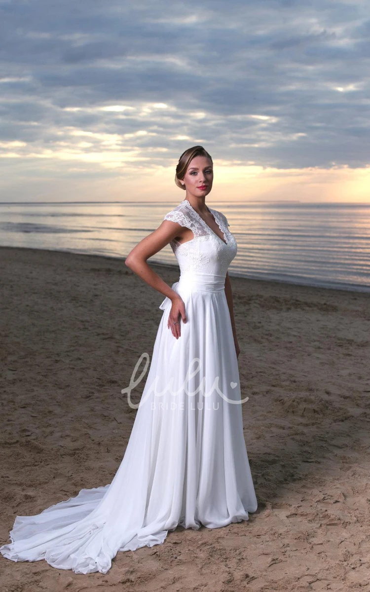 Long A-Line Chiffon & Lace Wedding Dress with Cap Sleeves V-Neck & Flowy