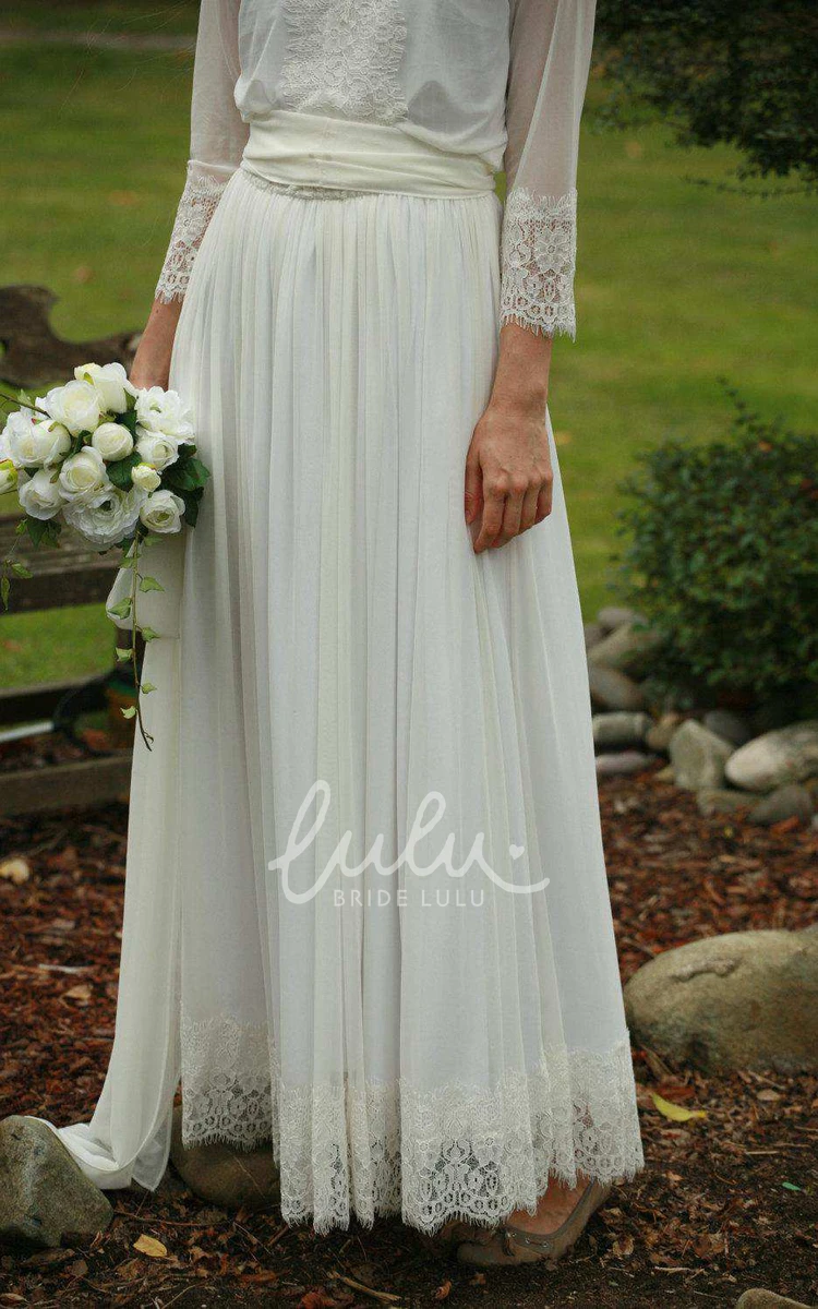 Lace Chiffon Pleated Wedding Dress with Long Sleeves Bateau Bridal Gown