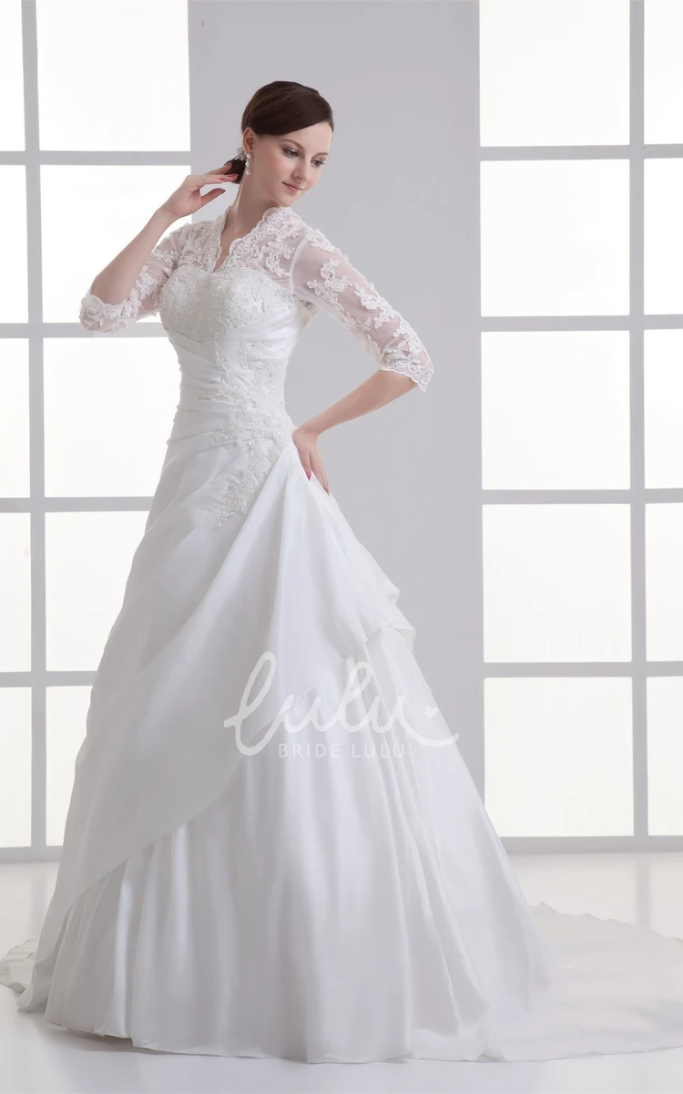 Lace A-line Wedding Gown with Appliques Scalloped-Neck 3/4 Sleeves Bridal Dress