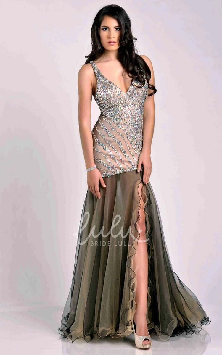 Sleeveless V-Neck Fit and Flare Prom Dress with Sequined Bodice and Tulle Skirt