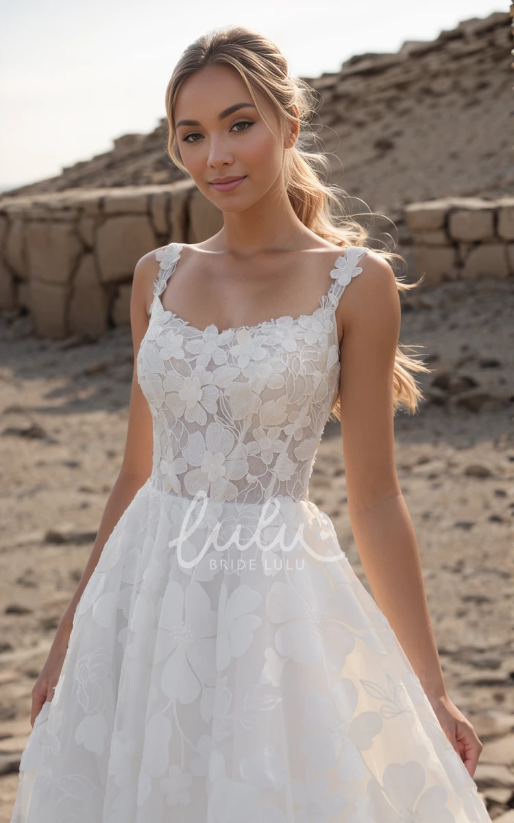 Elegant A-line Floral Lace Beach Wedding Dress Tulle Sleeveless Straps Train Gown