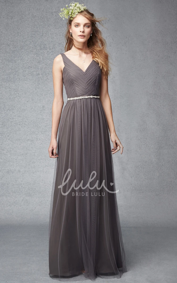 Sheath V-Neck Ruched Tulle Bridesmaid Dress with Waist Jewelry Floor-Length