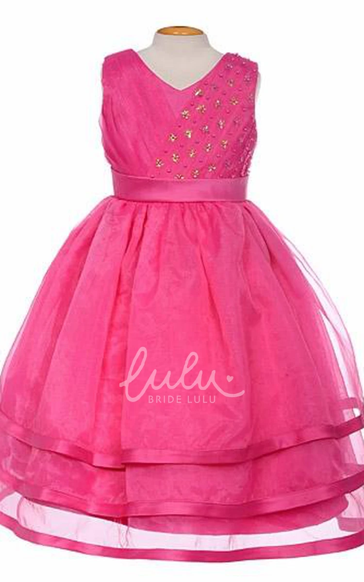 Organza Satin Flower Girl Dress V-Neck Pleated Tea-Length