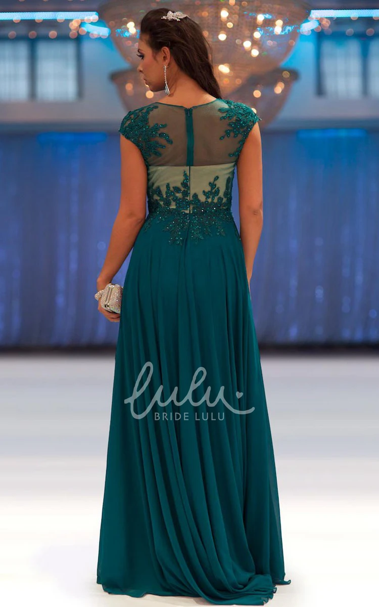 Beaded Cap-Sleeve Chiffon Prom Dress with Appliques A-Line Jewel-Neck Long