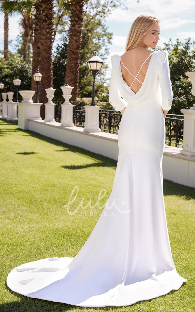 Elegant Solid Mermaid Square Neck Satin Long Sleeve Wedding Dress Simple Vintage Floor-length Low-V Cross Zipper Draping Back Bridal Gown with Train