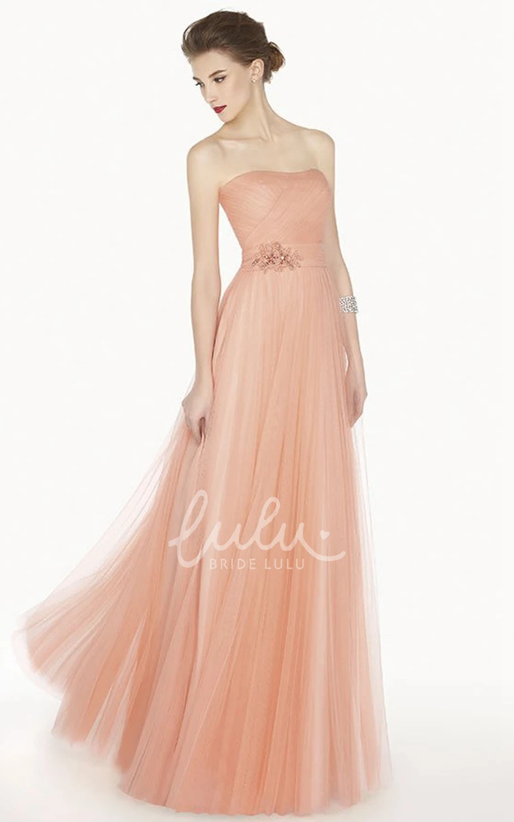 A-Line Tulle Prom Dress with Empire Strapless and Floral Satin Sash