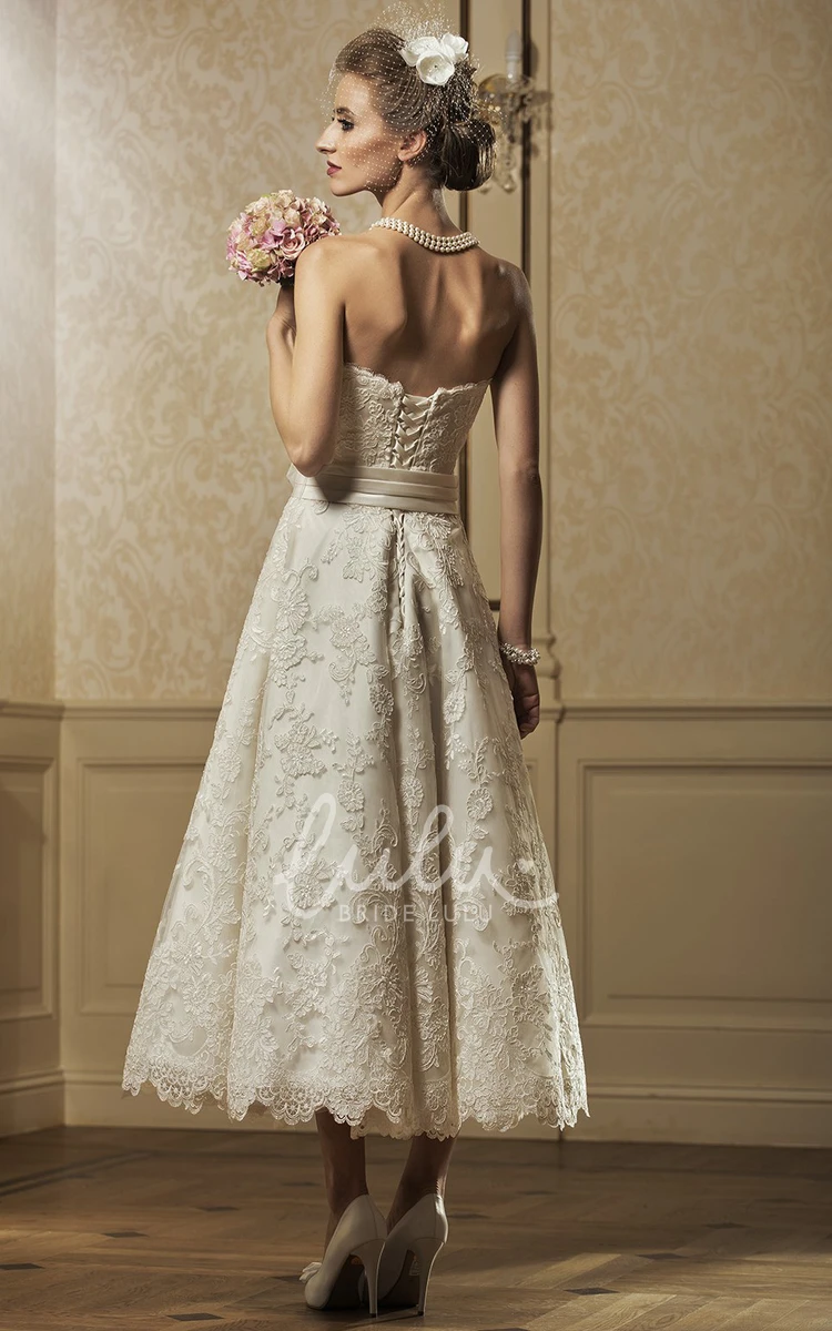 A-Line Lace Strapless Sleeveless Tea-Length Wedding Dress With Flower Classy Bridesmaid Dress