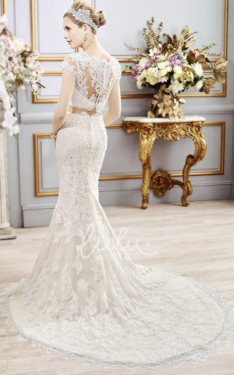 Cap-Sleeve High Neck Lace Mermaid Wedding Dress Illusion Detail