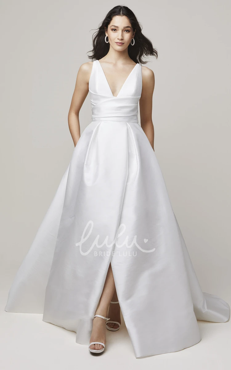 Sexy Satin A Line V-neck Split Front Bridal Gown