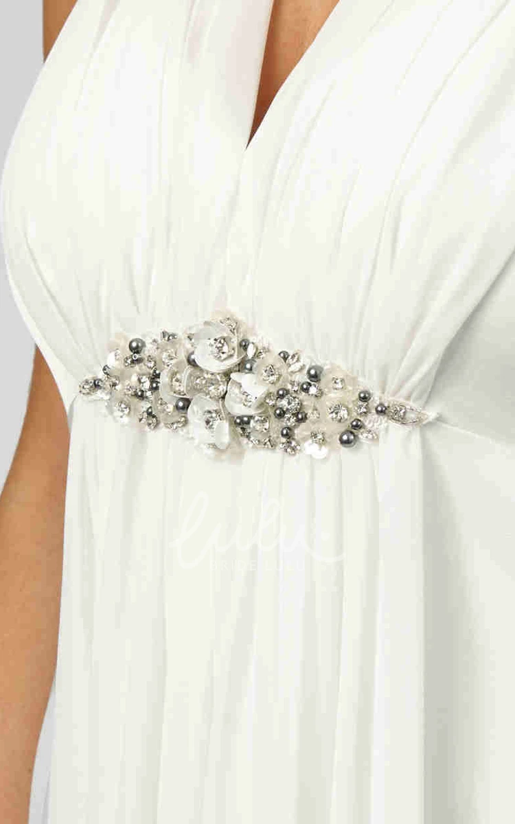 Pleated V-Neck Sheath Chiffon Wedding Dress with Broach Simple Bridal Gown