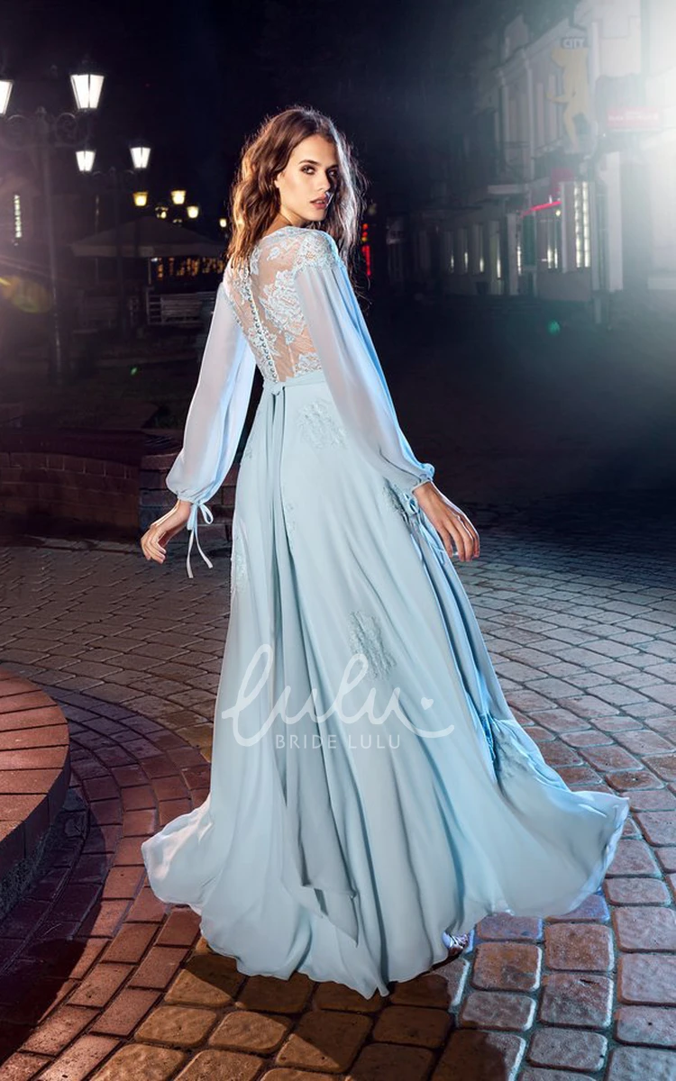 Chiffon Lace A-Line Formal Dress with V-Neck and Balloon Sleeves