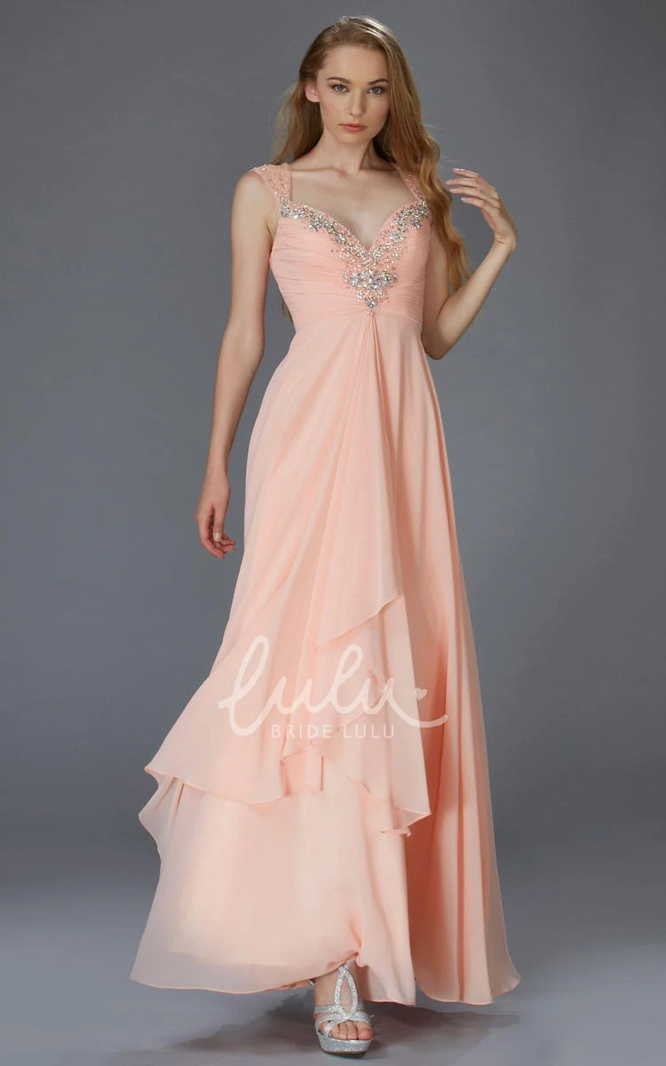 Long Chiffon Queen Anne Dress with Keyhole Beading and Draping Formal Dress