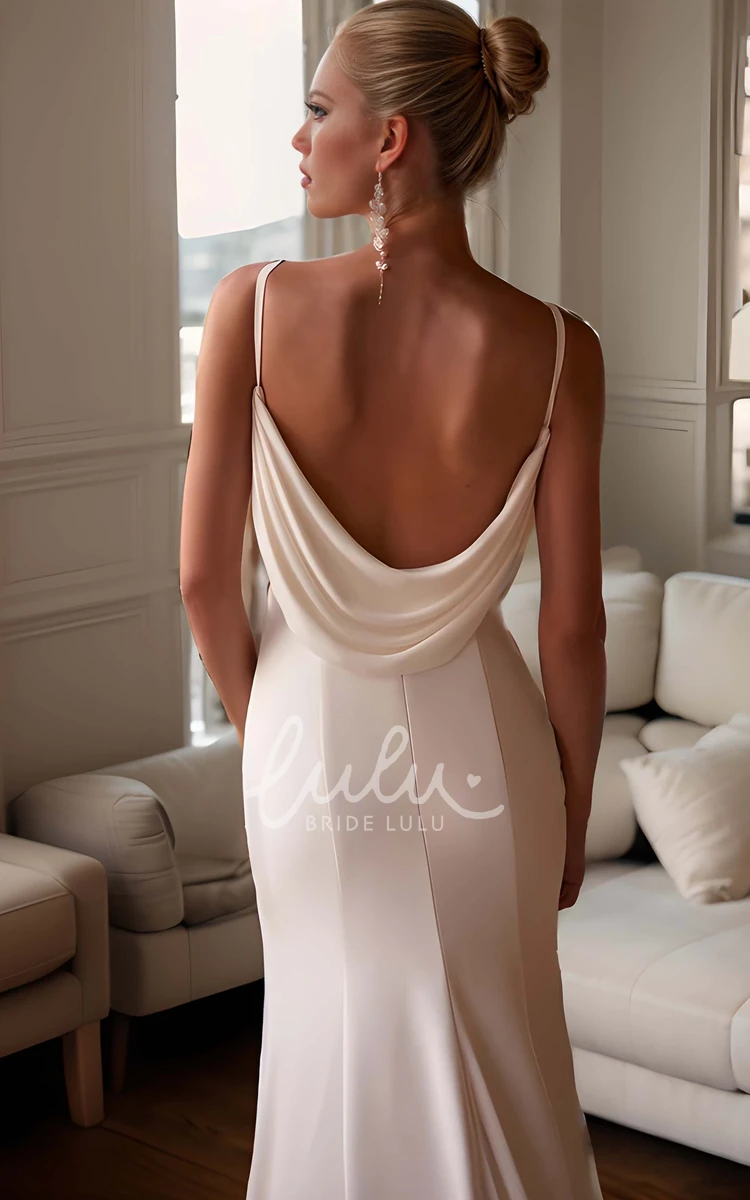 Minimalist Modest Square Neckline Mermaid Style Wedding Dress with Split Front Simple Casual Sleeveless Backless Bridal Gown